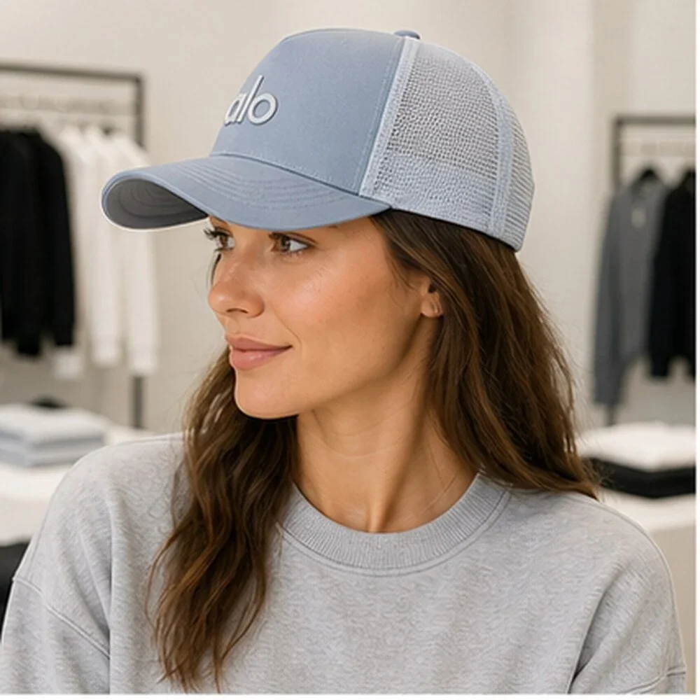 ALO Yoga Mist Blue Gray Boutique Mesh Trucker Cap Hat NWT